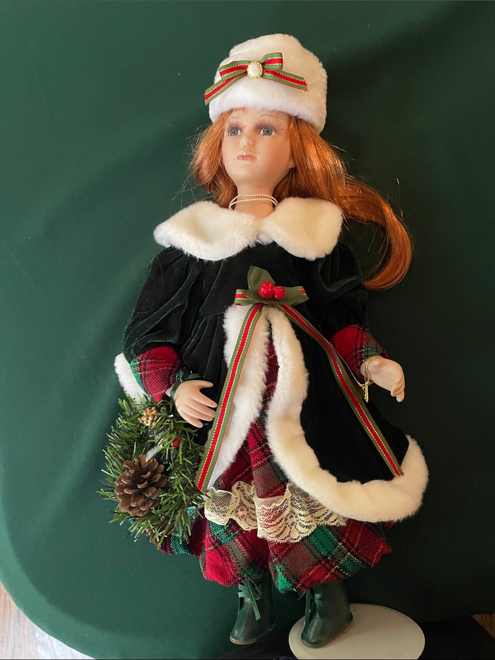 Holiday Redhead Porcelain Doll in Green & Red Holiday Outfit